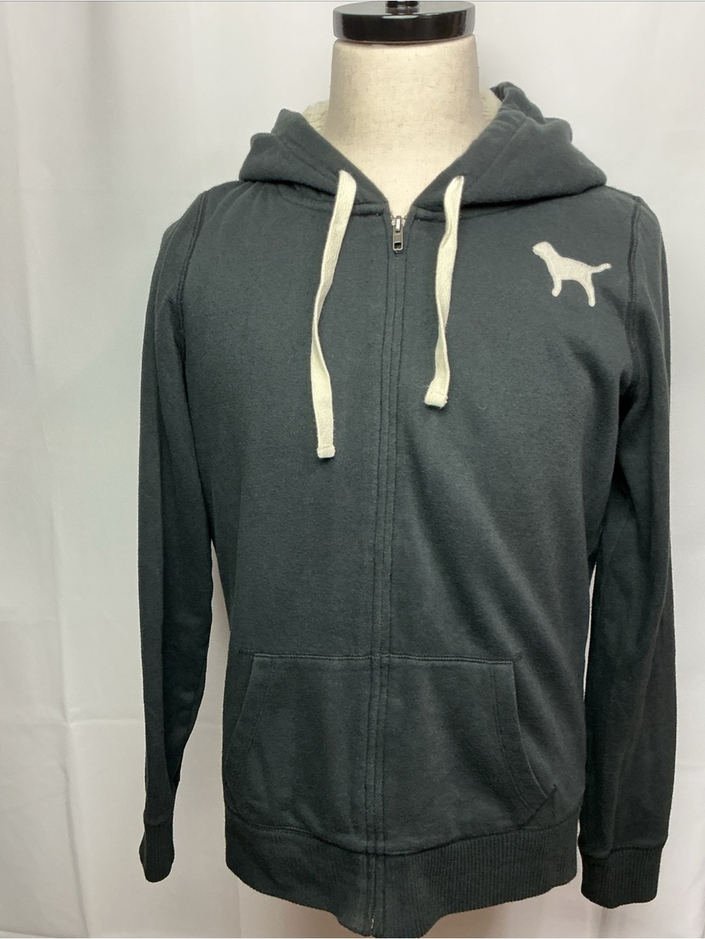 PINK Victoria's Secret Dark Gray Zip-Up Hoodie with Cream Drawstrings